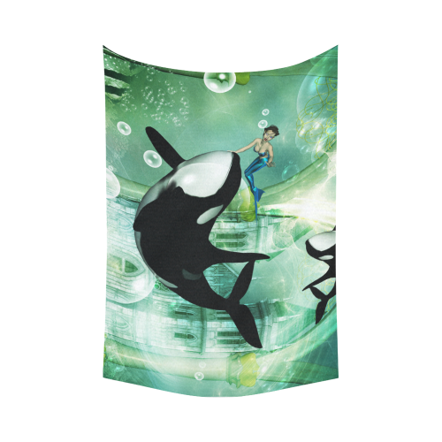 Orca with cute mermaid Cotton Linen Wall Tapestry 90"x 60"