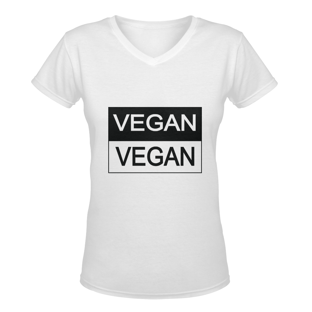 Vegan Black and White Women's Deep V-neck T-shirt (Model T19)