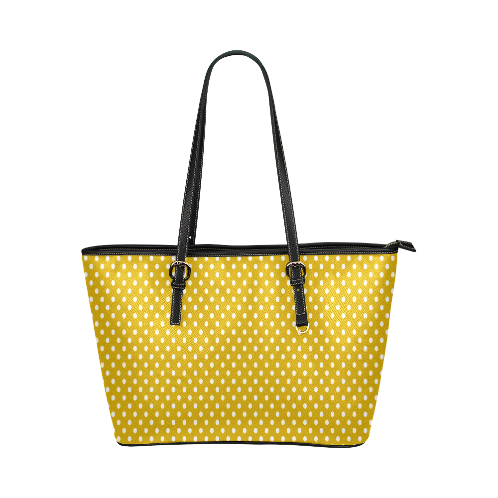 Gold With White Dots Leather Tote Bag/Large (Model 1651)