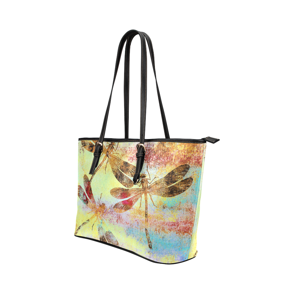 Mauritius Vintage Dragonflies Colours W Leather Tote Bag/Small (Model 1651)