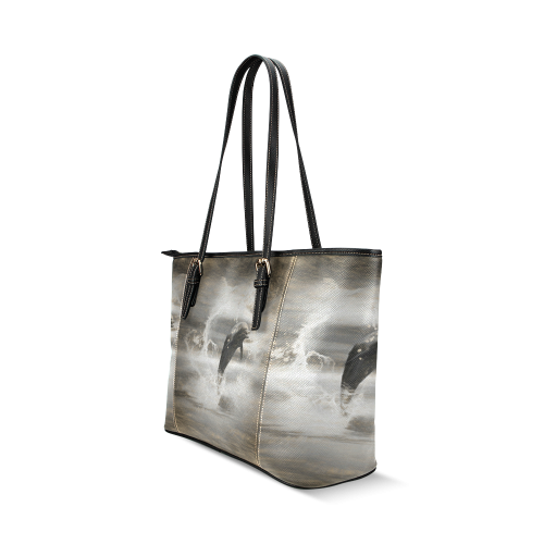 Dolphin with water heart Leather Tote Bag/Small (Model 1640)