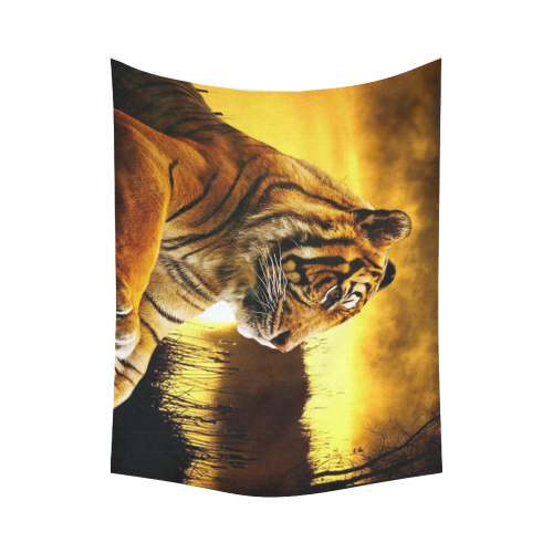 Tiger and Sunset Cotton Linen Wall Tapestry 80"x 60"