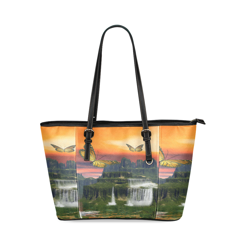 Fantasy world with butterflies Leather Tote Bag/Small (Model 1640)