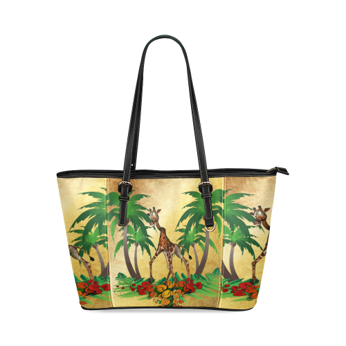 Cute giraffe with palm Leather Tote Bag/Small (Model 1640)