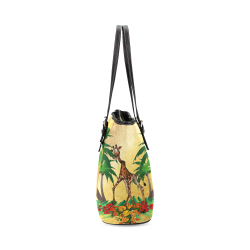 Cute giraffe with palm Leather Tote Bag/Small (Model 1640)