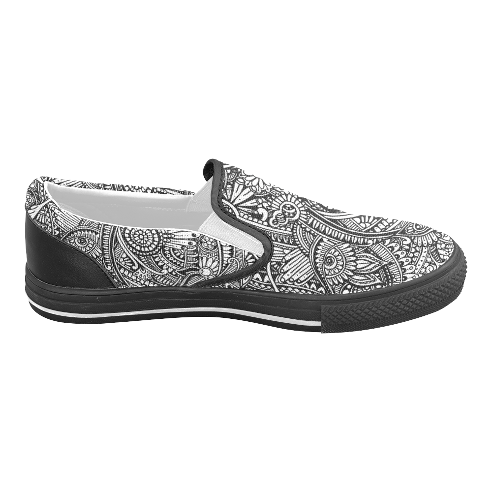 Black & white flower pattern art Women's Unusual Slip-on Canvas Shoes (Model 019)