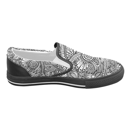 Black & white flower pattern art Men's Slip-on Canvas Shoes (Model 019)