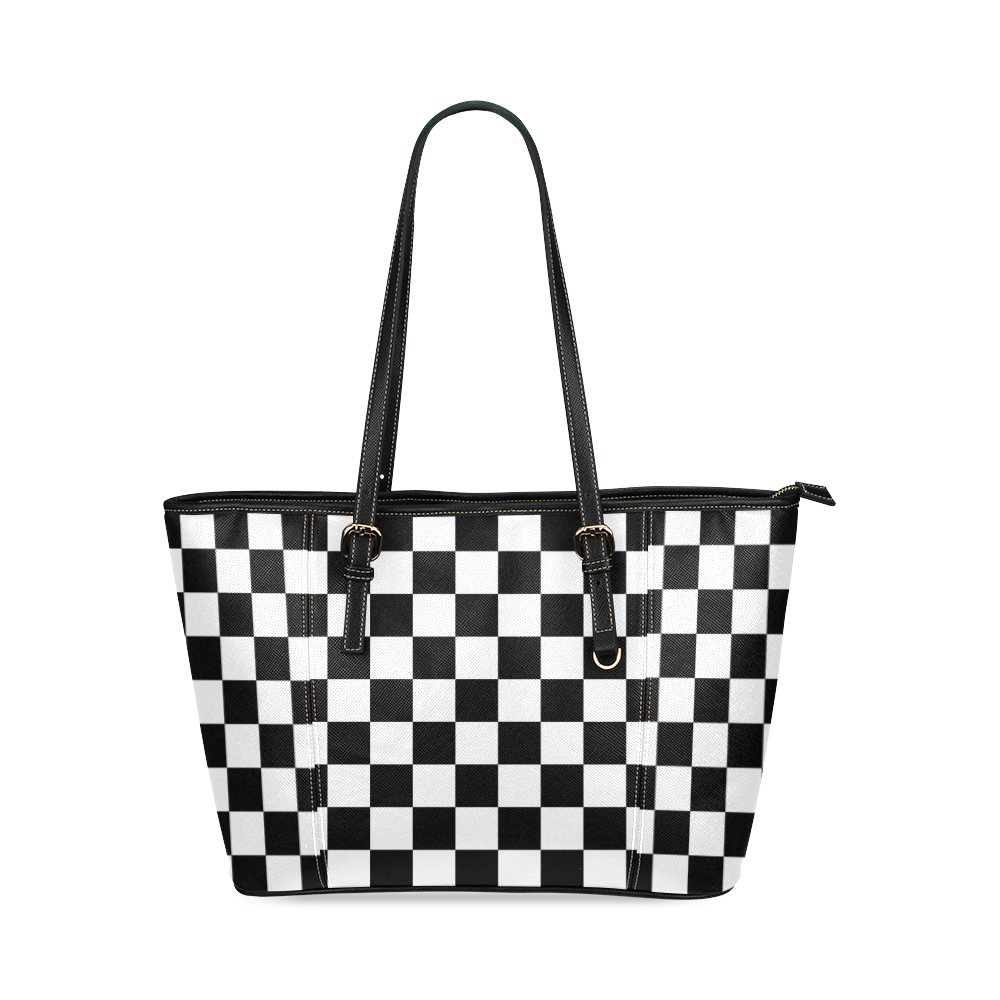 Checkerboard Black and White Leather Tote Bag/Large (Model 1640)