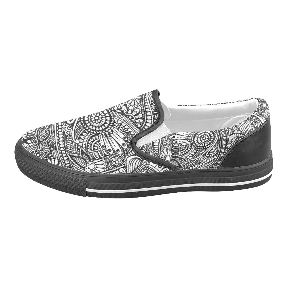 Black & white flower pattern art Women's Unusual Slip-on Canvas Shoes (Model 019)