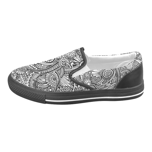 Black & white flower pattern art Men's Slip-on Canvas Shoes (Model 019)