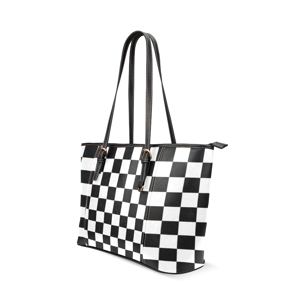 Checkerboard Black and White Leather Tote Bag/Small (Model 1640)
