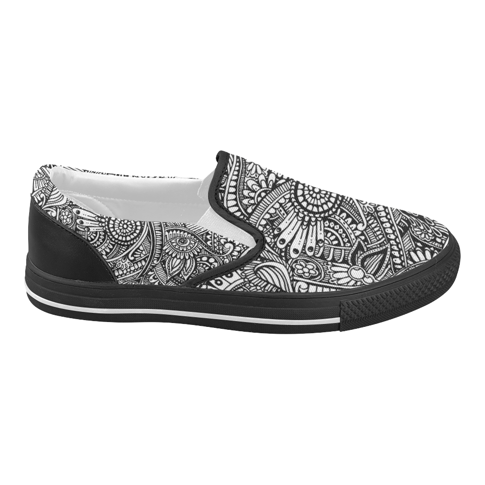 Black & white flower pattern art Women's Slip-on Canvas Shoes (Model 019)