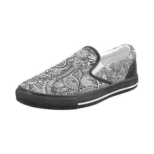 Black & white flower pattern art Men's Slip-on Canvas Shoes (Model 019)