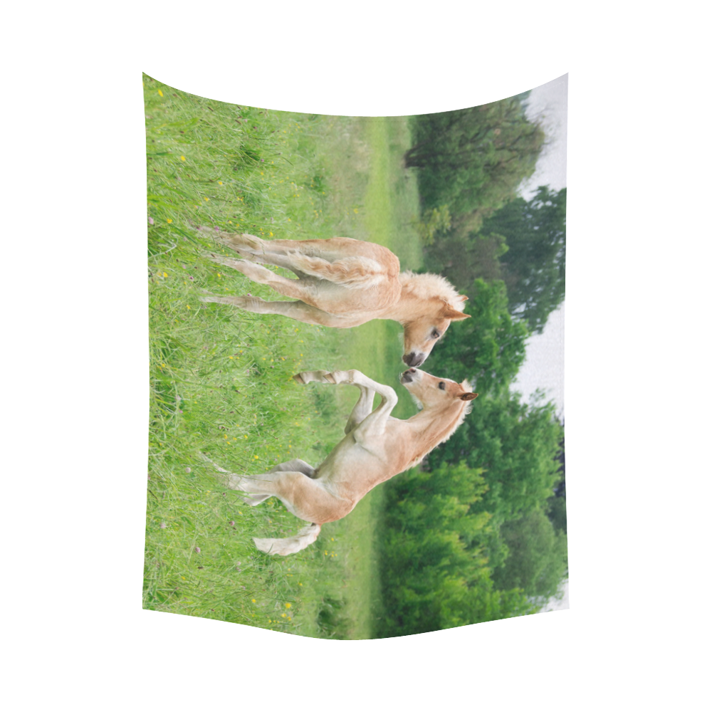 Haflinger Horses Cute Funny Pony Foals Playing Horse Rearing Cotton Linen Wall Tapestry 80"x 60"