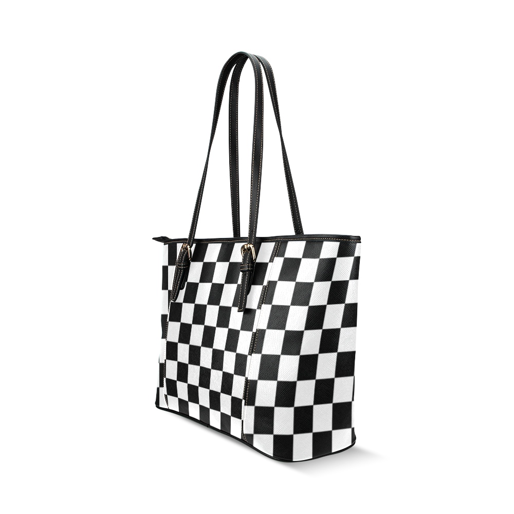 Checkerboard Black and White Leather Tote Bag/Large (Model 1640)