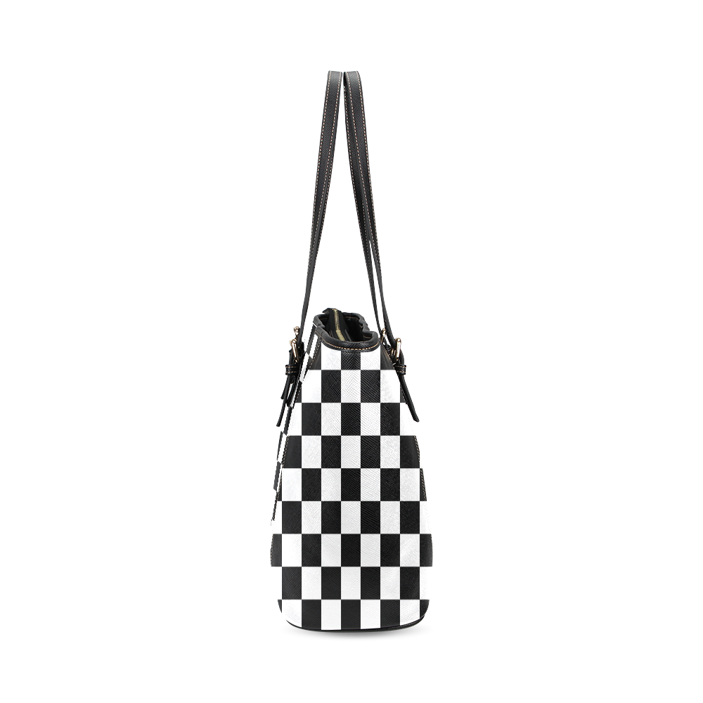 Checkerboard Black and White Leather Tote Bag/Large (Model 1640)