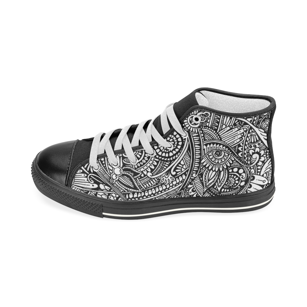 Black & white flower pattern art Men’s Classic High Top Canvas Shoes (Model 017)