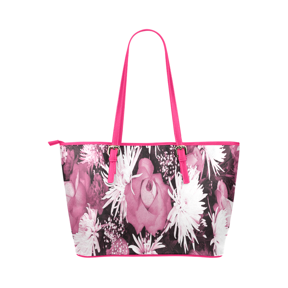 Pink Flowered Bouquet Leather Tote Bag/Small (Model 1651)