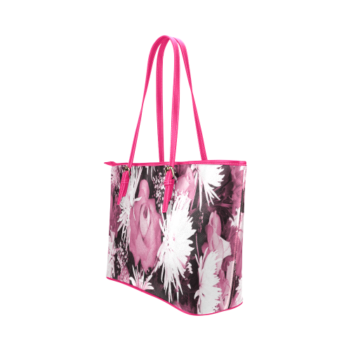 Pink Flowered Bouquet Leather Tote Bag/Small (Model 1651)