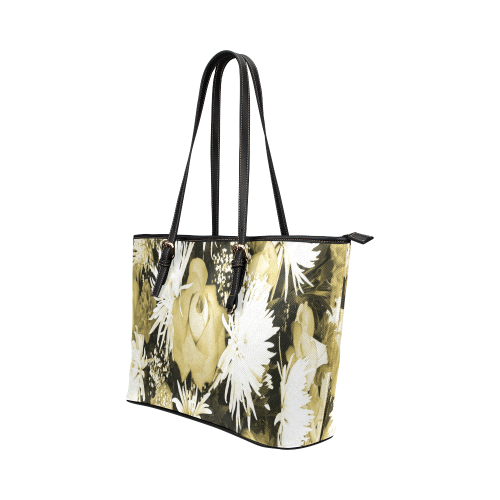 Golden Flowered Bouquet Leather Tote Bag/Small (Model 1651)