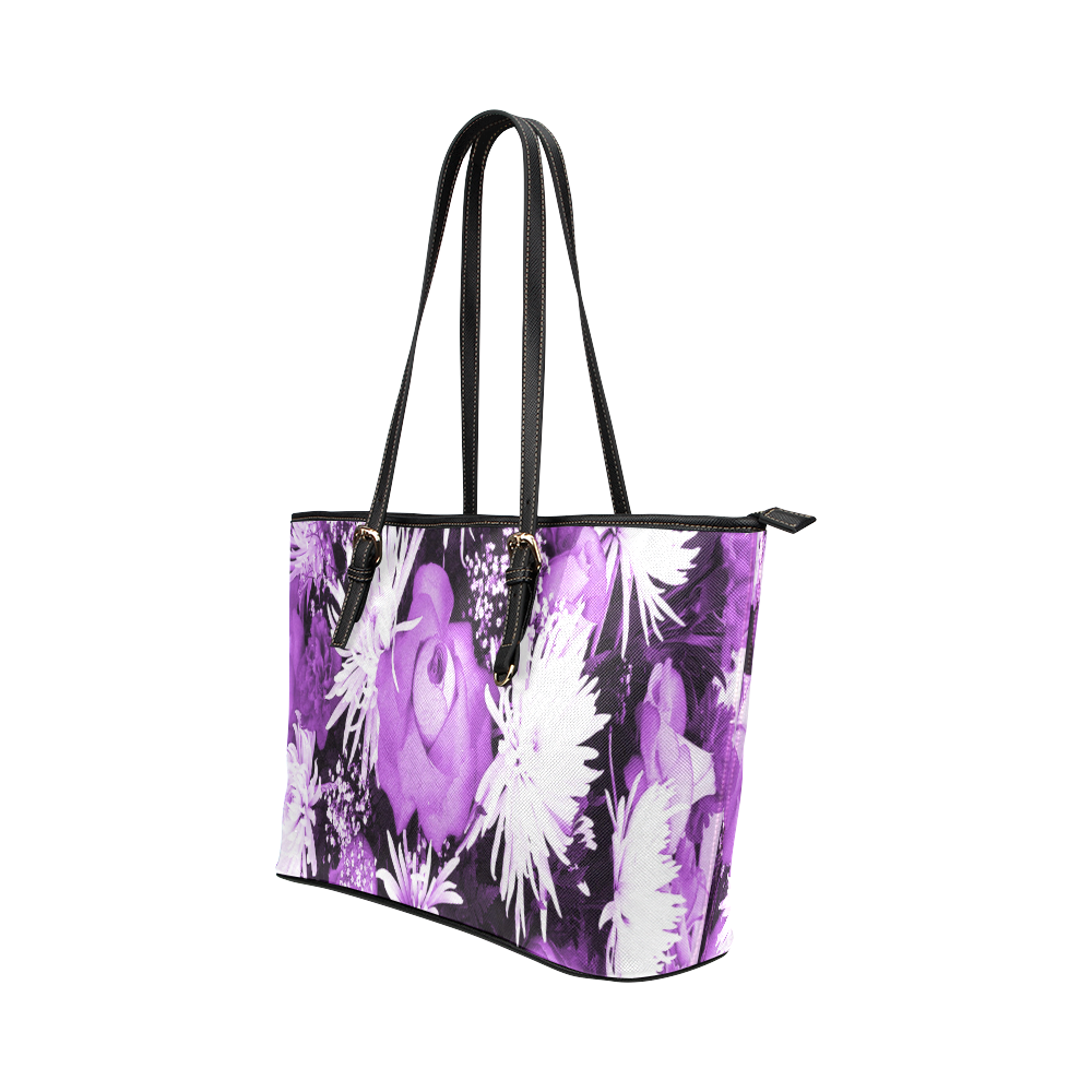 Violet Flowered Bouquet Leather Tote Bag/Small (Model 1651)