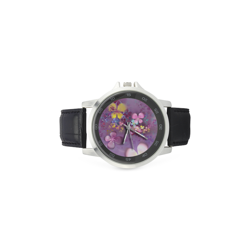 Modern abstract fractal colorful flower power Unisex Stainless Steel Leather Strap Watch(Model 202)