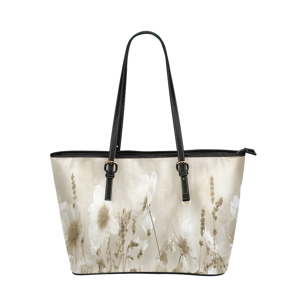 Beige Shaded Wildflowers Leather Tote Bag/Large (Model 1651)