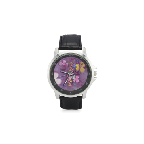 Modern abstract fractal colorful flower power Unisex Stainless Steel Leather Strap Watch(Model 202)