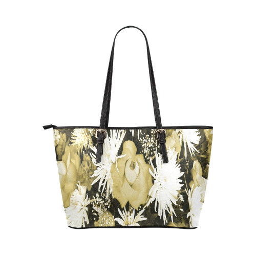 Golden Flowered Bouquet Leather Tote Bag/Large (Model 1651)