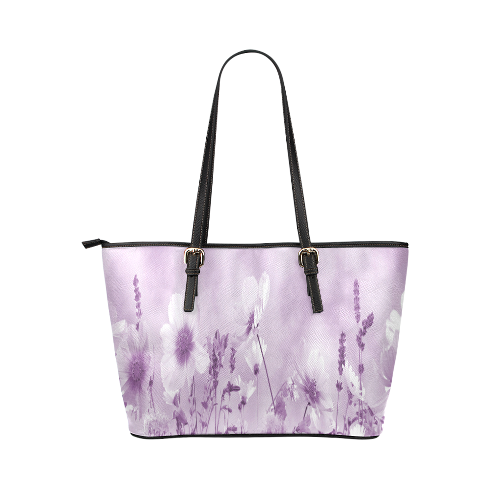 Magenta Shaded Wildflowers Leather Tote Bag/Large (Model 1651)