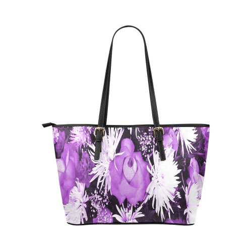 Violet Flowered Bouquet Leather Tote Bag/Large (Model 1651)