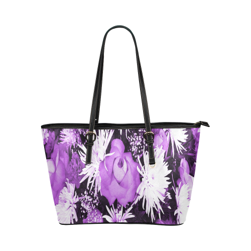 Violet Flowered Bouquet Leather Tote Bag/Large (Model 1651)
