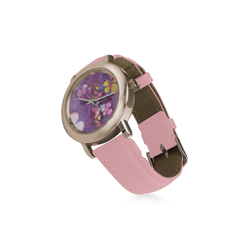 Modern abstract fractal colorful flower power Women's Rose Gold Leather Strap Watch(Model 201)