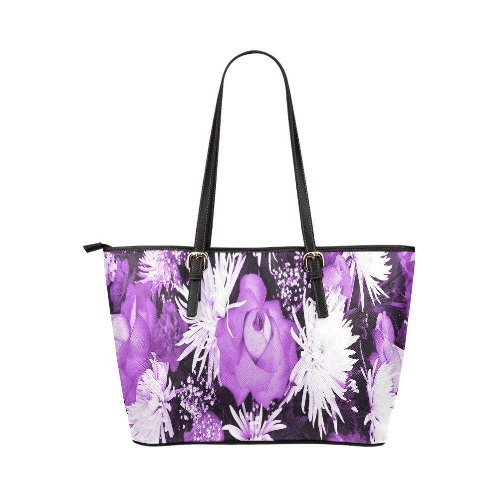 Violet Flowered Bouquet Leather Tote Bag/Small (Model 1651)