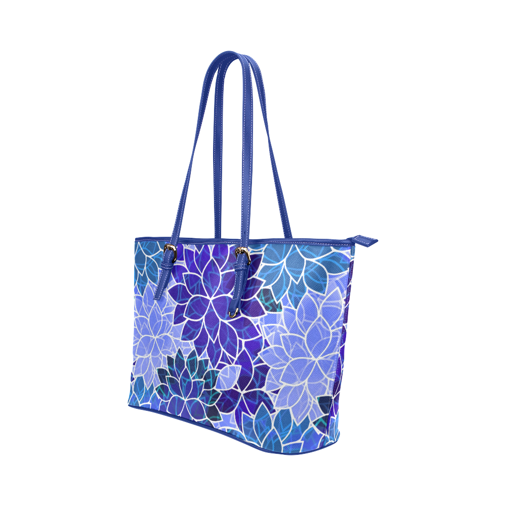 Beautiful Blue Flowers Leather Tote Bag/Large (Model 1651)