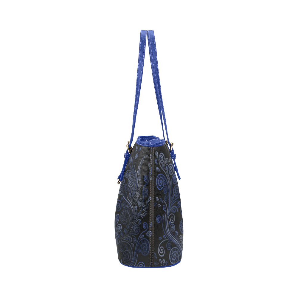 Ornamental Blue on Gray Leather Tote Bag/Large (Model 1651)