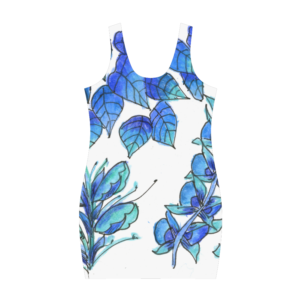 Pretty Blue Flowers, Aqua Garden Zendoodle Medea Vest Dress (Model D06)