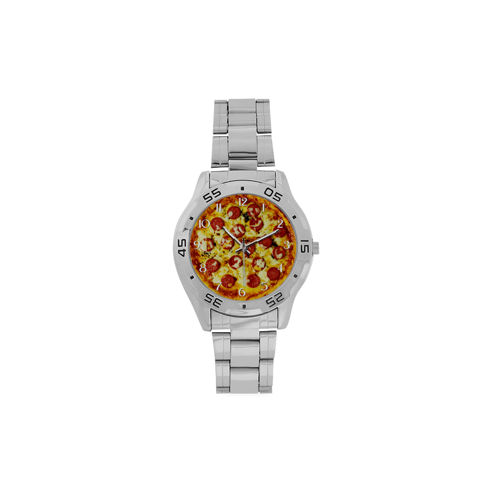 Novelty Cheesy Pepperoni Pizza Men's Stainless Steel Analog Watch(Model 108)