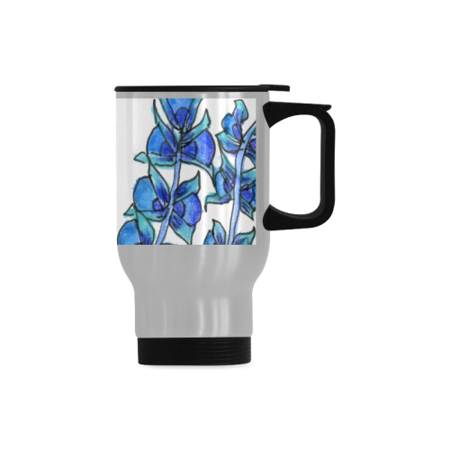 Pretty Blue Flowers, Aqua Garden Zendoodle Travel Mug (Silver) (14 Oz)