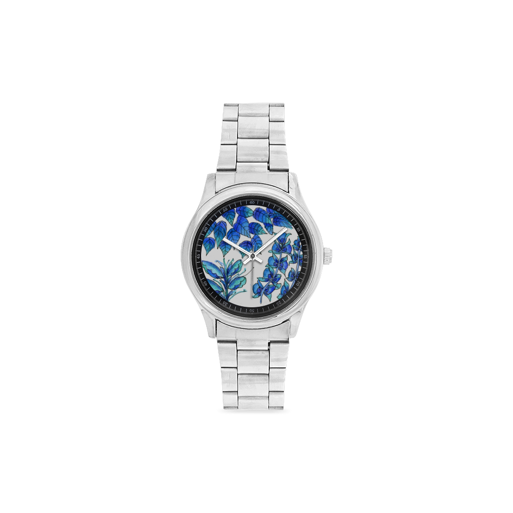 Pretty Blue Flowers, Aqua Garden Zendoodle Men's Stainless Steel Watch(Model 104)