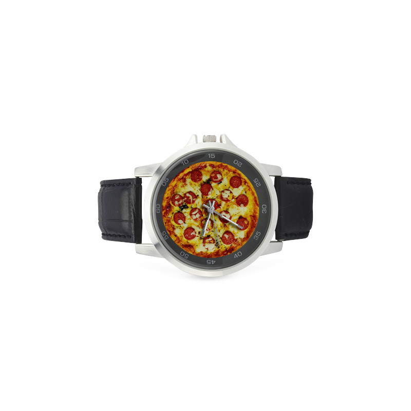 Novelty Cheesy Pepperoni Pizza Unisex Stainless Steel Leather Strap Watch(Model 202)