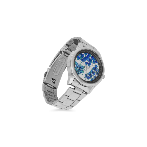 Pretty Blue Flowers, Aqua Garden Zendoodle Men's Stainless Steel Watch(Model 104)