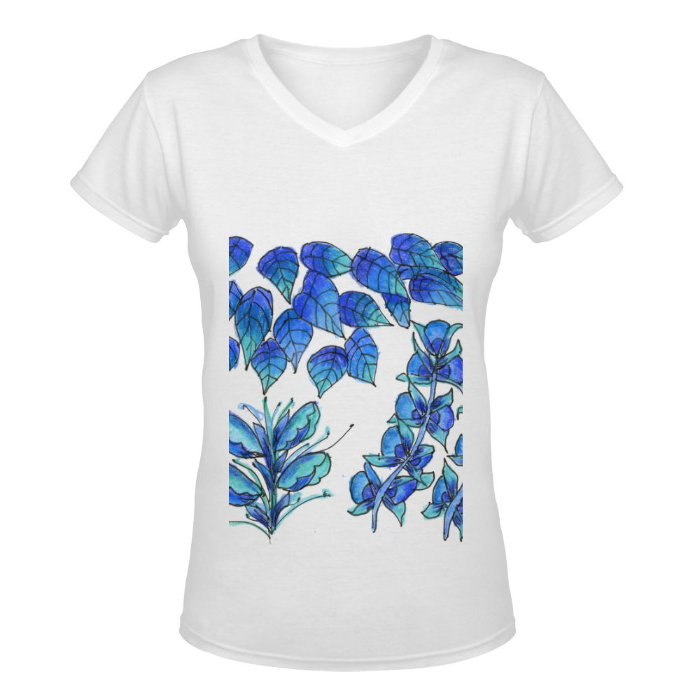 Pretty Blue Flowers, Aqua Garden Zendoodle Women's Deep V-neck T-shirt (Model T19)