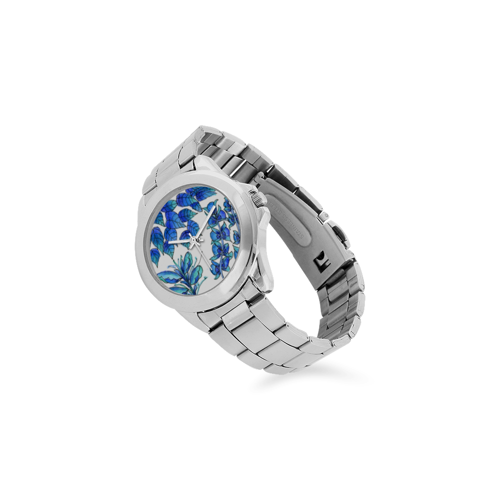 Pretty Blue Flowers, Aqua Garden Zendoodle Unisex Stainless Steel Watch(Model 103)