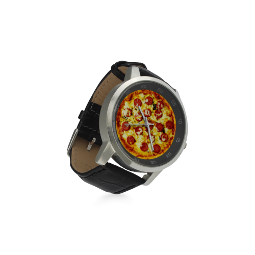 Novelty Cheesy Pepperoni Pizza Unisex Stainless Steel Leather Strap Watch(Model 202)