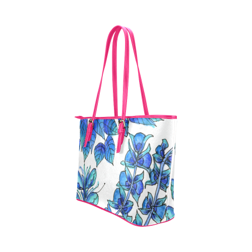 Pretty Blue Flowers, Aqua Garden Zendoodle Leather Tote Bag/Large (Model 1651)