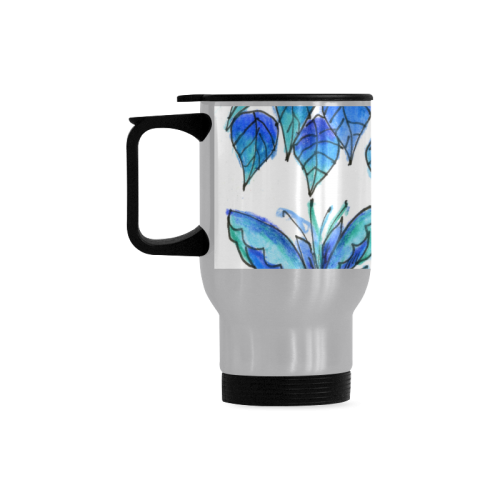 Pretty Blue Flowers, Aqua Garden Zendoodle Travel Mug (Silver) (14 Oz)