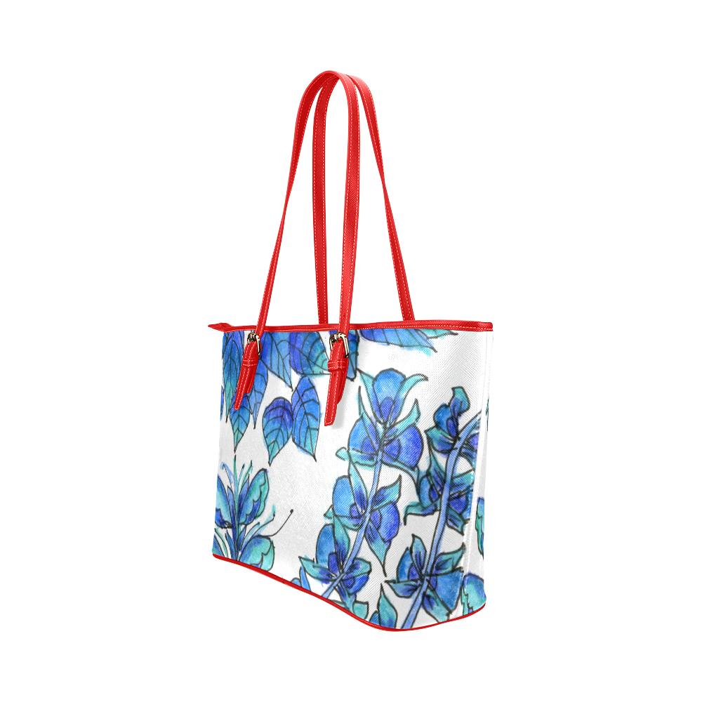 Pretty Blue Flowers, Aqua Garden Zendoodle Leather Tote Bag/Small (Model 1651)