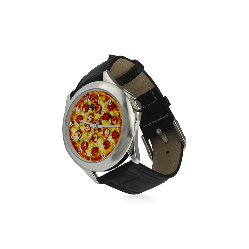 Novelty Cheesy Pepperoni Pizza Women's Classic Leather Strap Watch(Model 203)