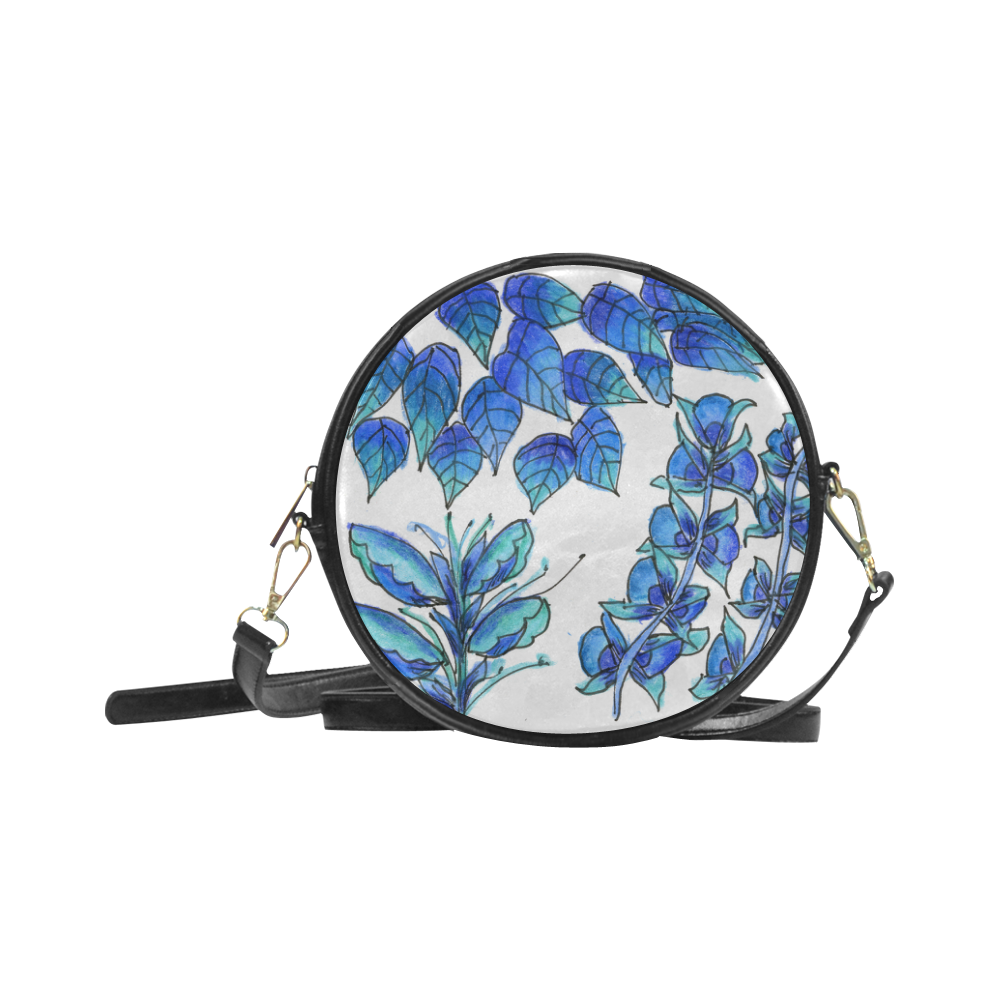 Pretty Blue Flowers, Aqua Garden Zendoodle Round Sling Bag (Model 1647)